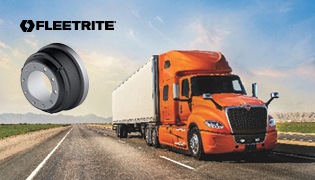 Fleetrite brake drum product with orange International semi-truck on a highway